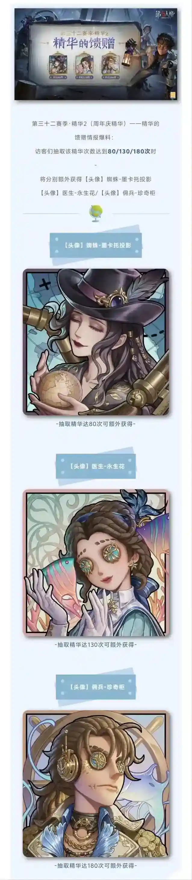 第五人格【第三十二赛季·精华2（周年庆精华）】精华的馈赠头像爆料来啦！